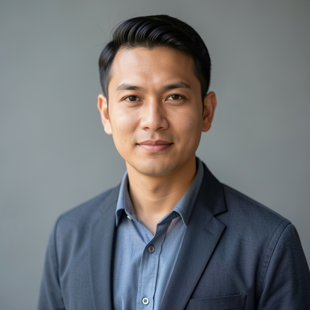 Editorial portrait of a man in professional casual attire against a neutral grey wall in a Jakarta workspace
