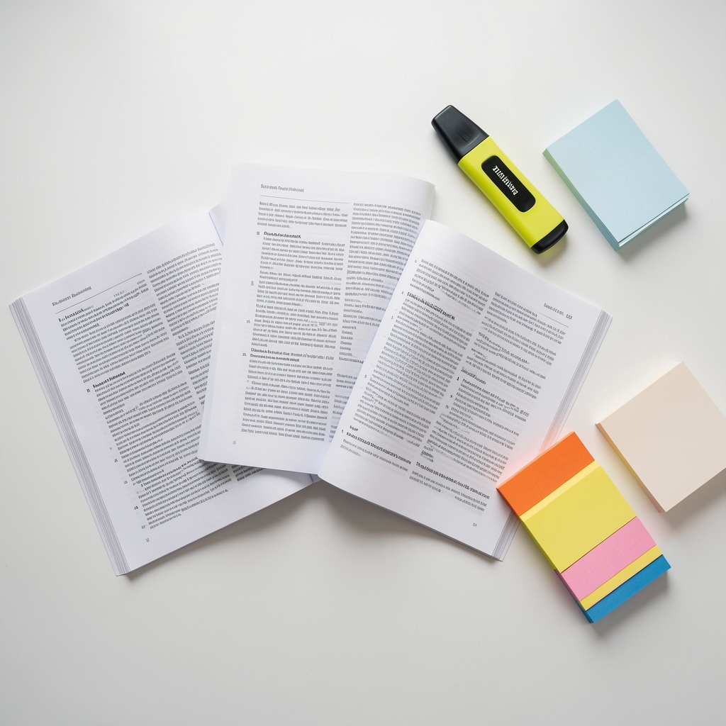 Overhead view of a structured research workspace with printed journal pages, a highlighter, and index cards on a white surface under controlled lighting
