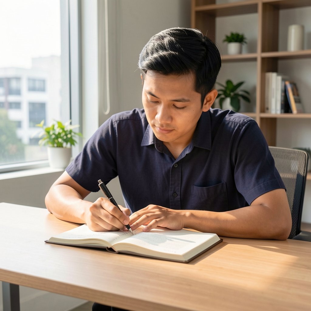 Man in Jakarta writing in a structured morning journal at a clean wooden desk with natural light