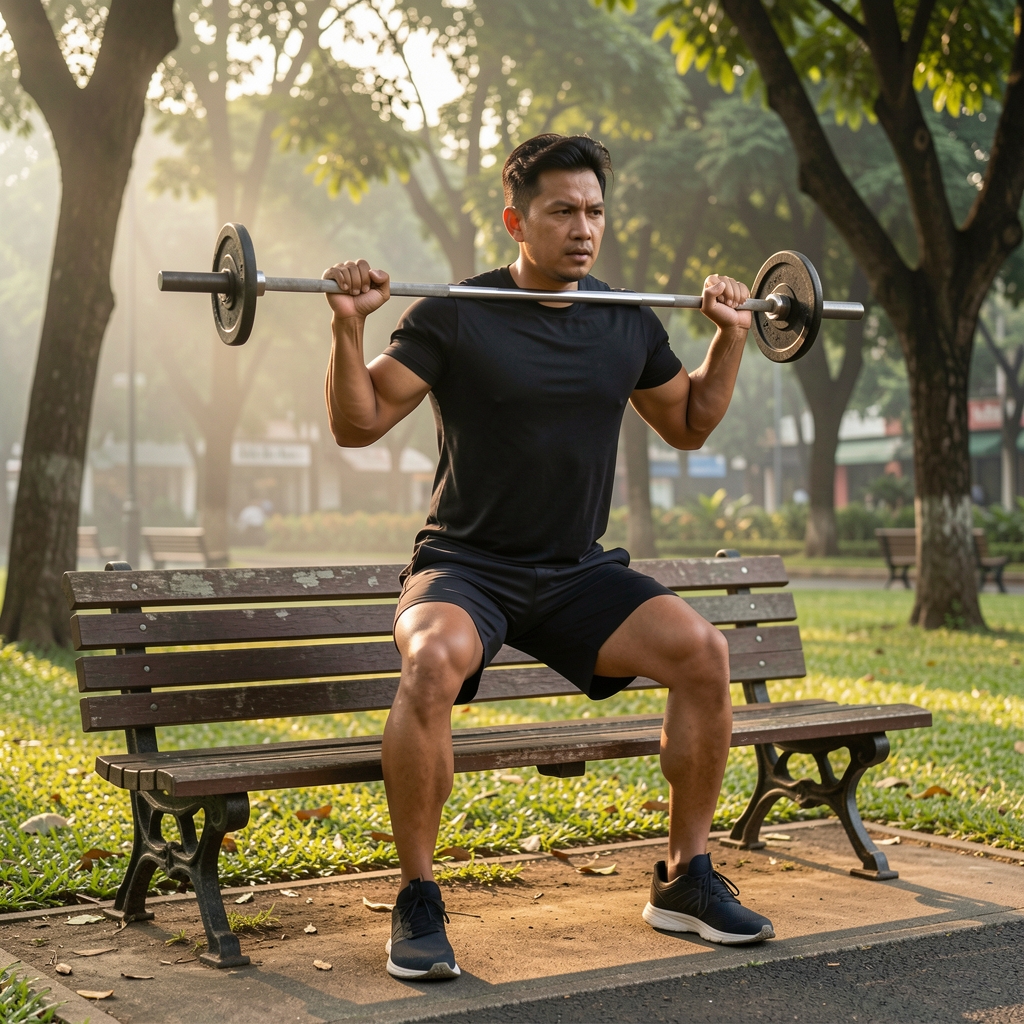 Man performing outdoor strength exercises on a Jakarta park bench during early morning light