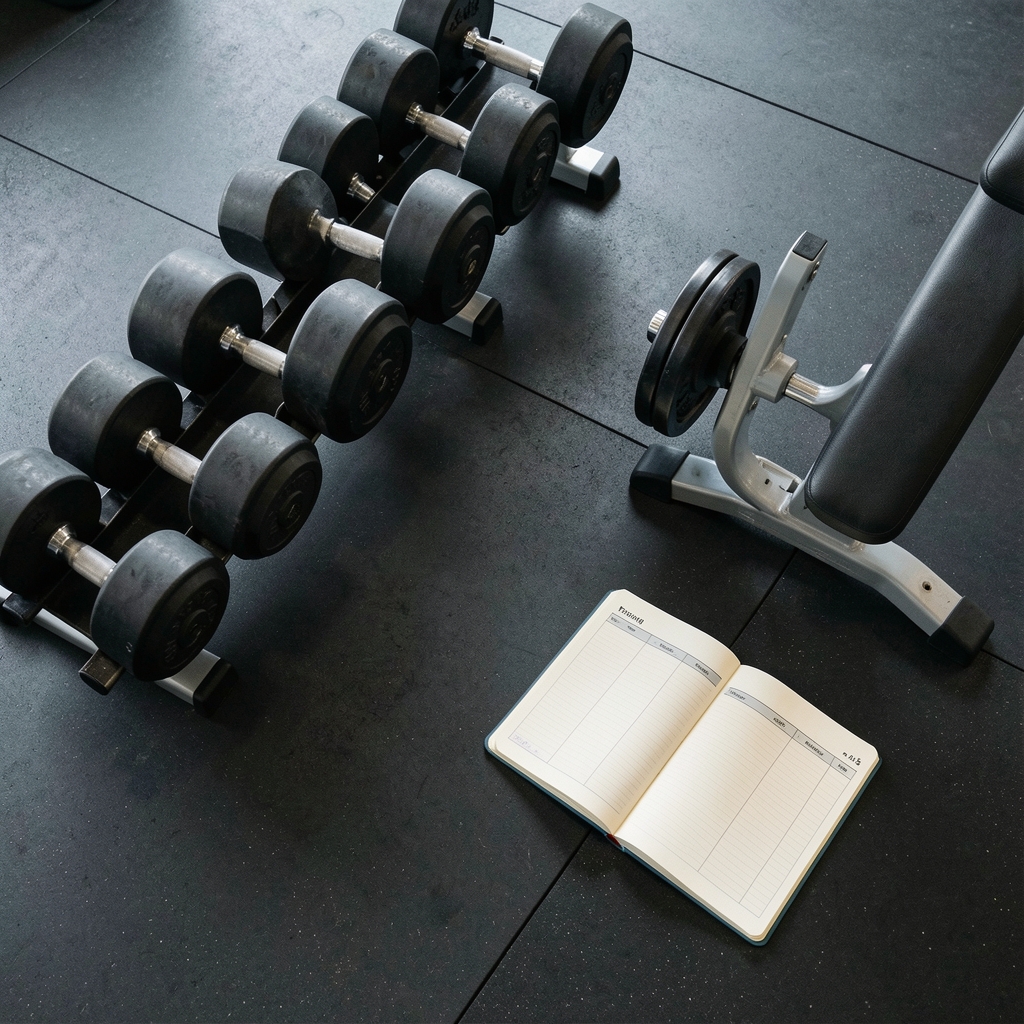 Overhead view of weightlifting equipment on a clean gym floor with a training log notebook open beside a dumbbell rack